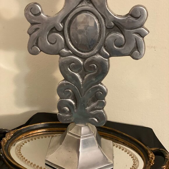Vintage Cast Aluminum Standing Cross 14.5" Silver Scroll Christmas Altar Decor - Picture 6 of 6